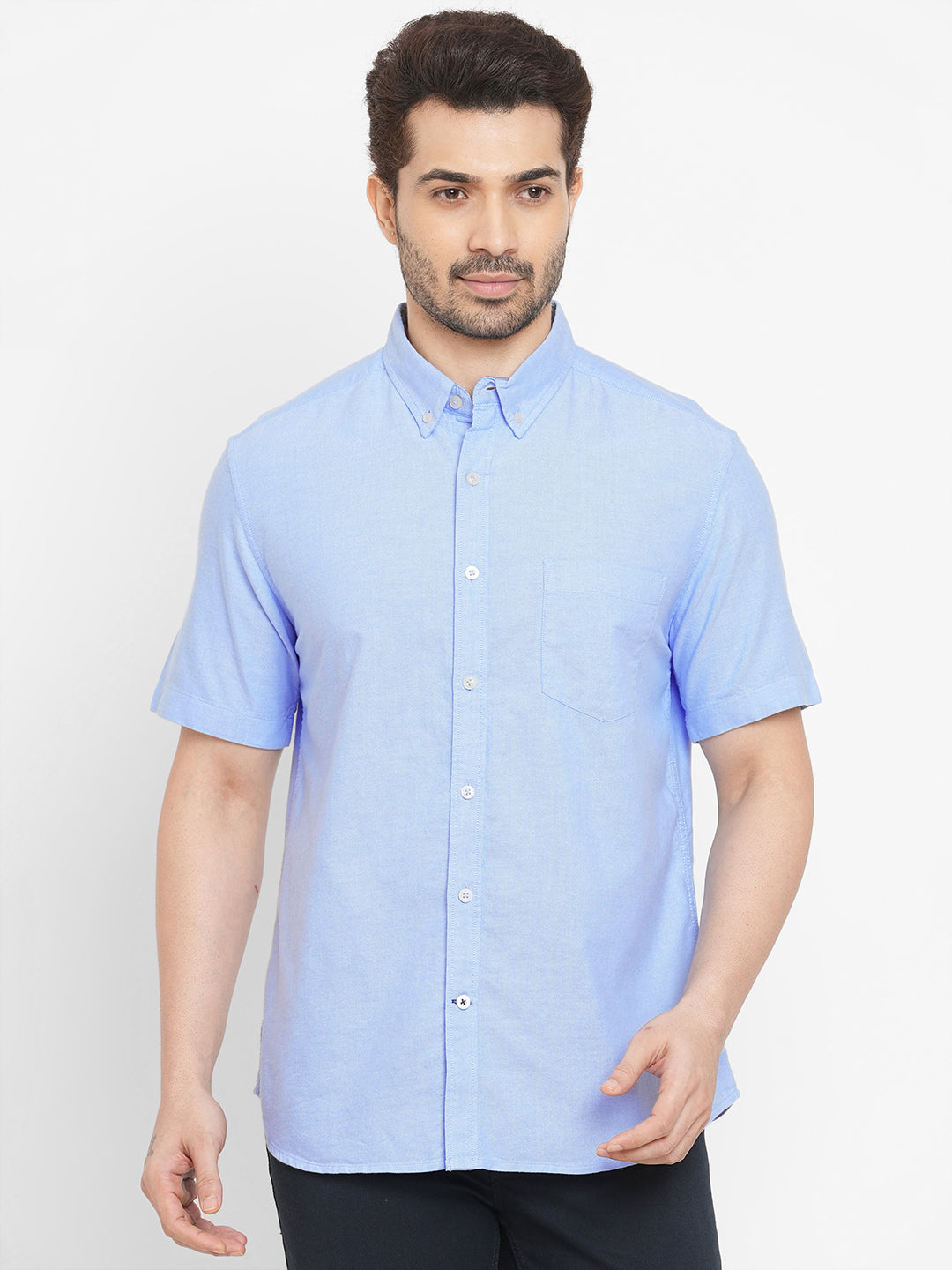 Men's Oxford Cotton Button Down Collar Short Sleeved Shirt - Blue