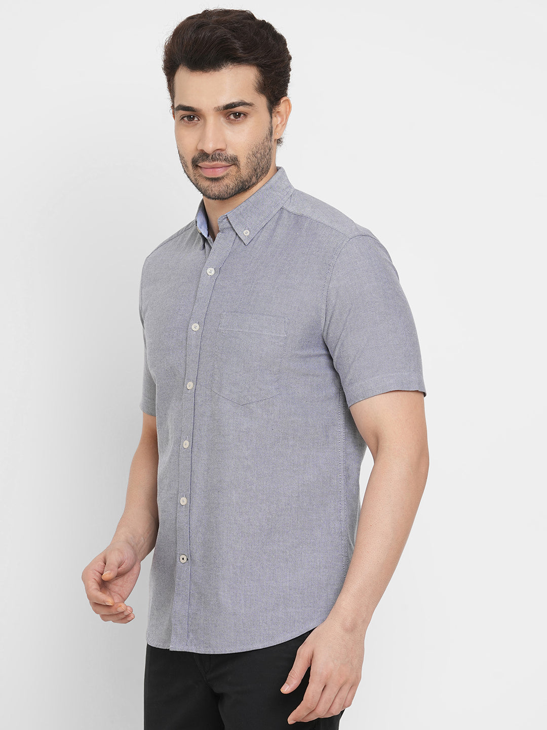 Men's Oxford Cotton Button Down Collar Short Sleeved Shirt - Grey