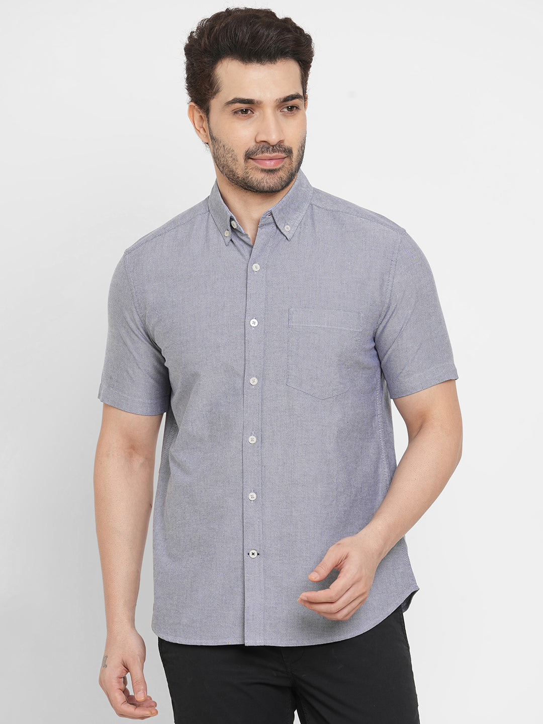Men's Oxford Cotton Button Down Collar Short Sleeved Shirt - Grey