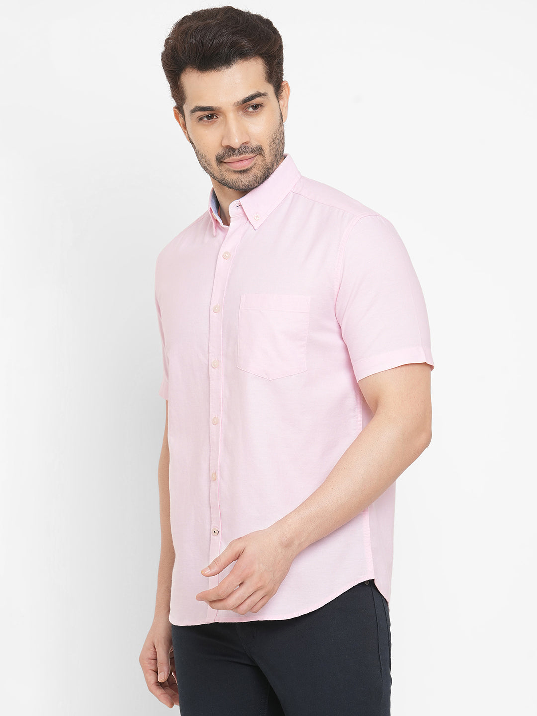 Men's Oxford Cotton Button Down Collar Short Sleeved Shirt - Pink