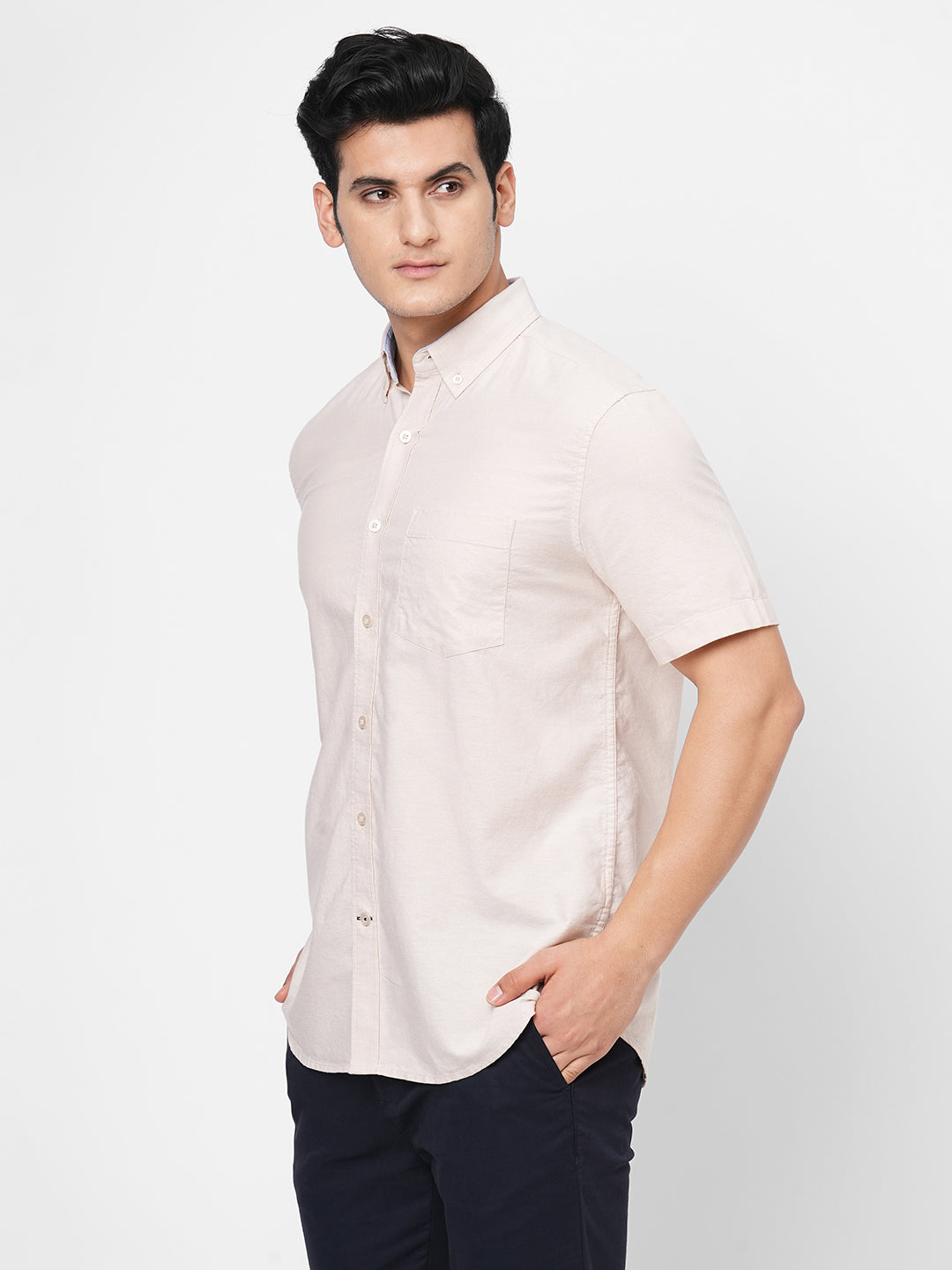 Men's Khaki Oxford Cotton Button down Collar Short Sleeved Shirt