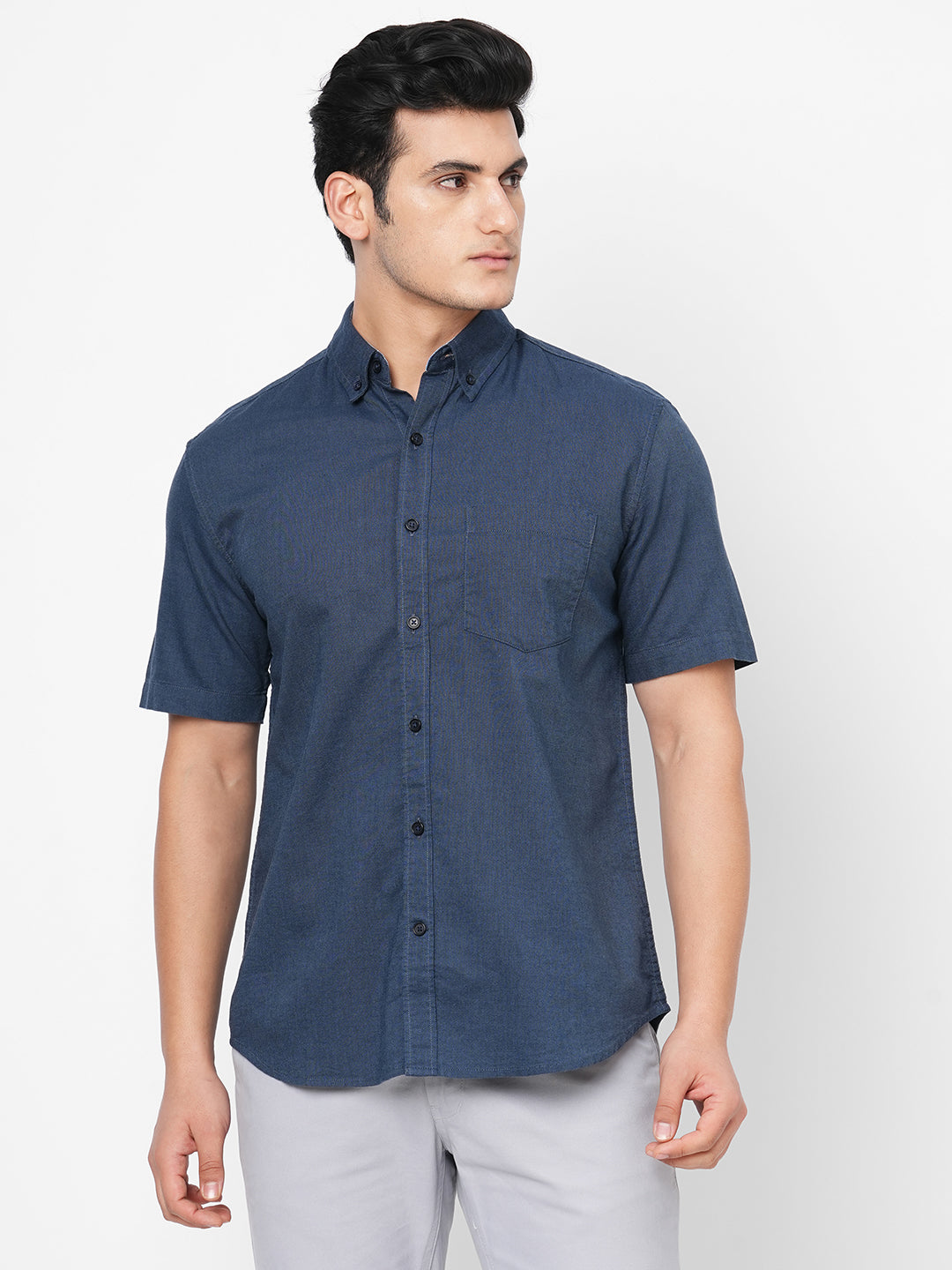 Men's Oxford Cotton Button down Collar Short Sleeved Shirt - Navy