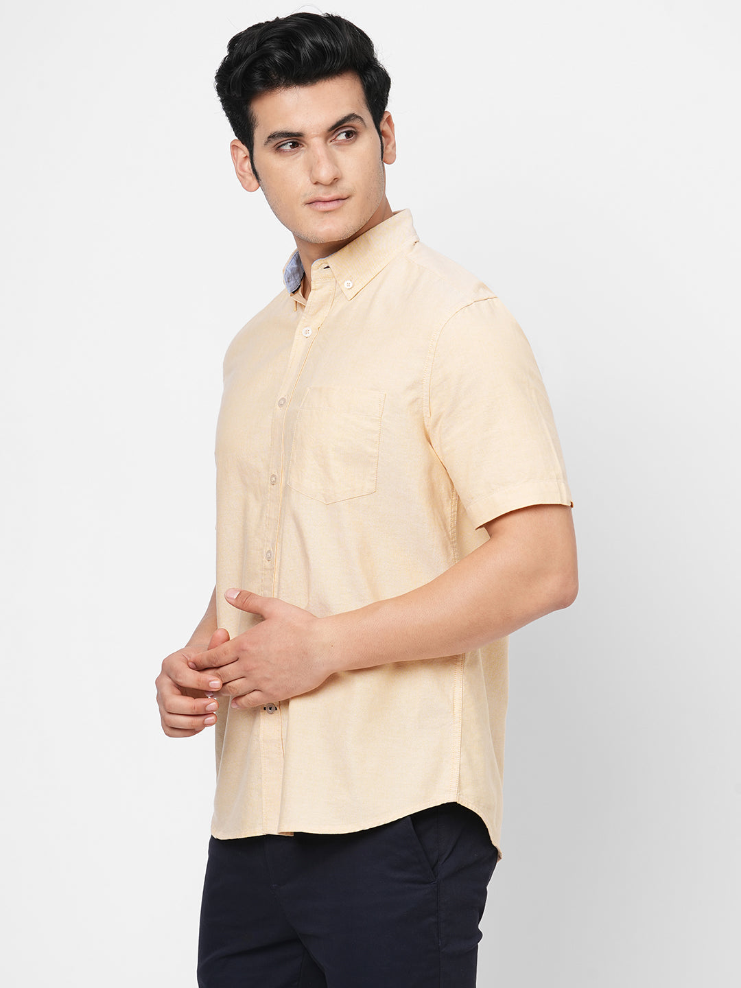 Men's Oxford Cotton Button down Collar Short Sleeved Shirt - Yellow