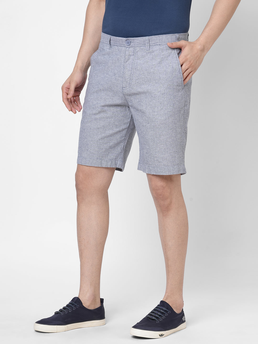 Men's Navy Cotton Linen Regular Fit Shorts