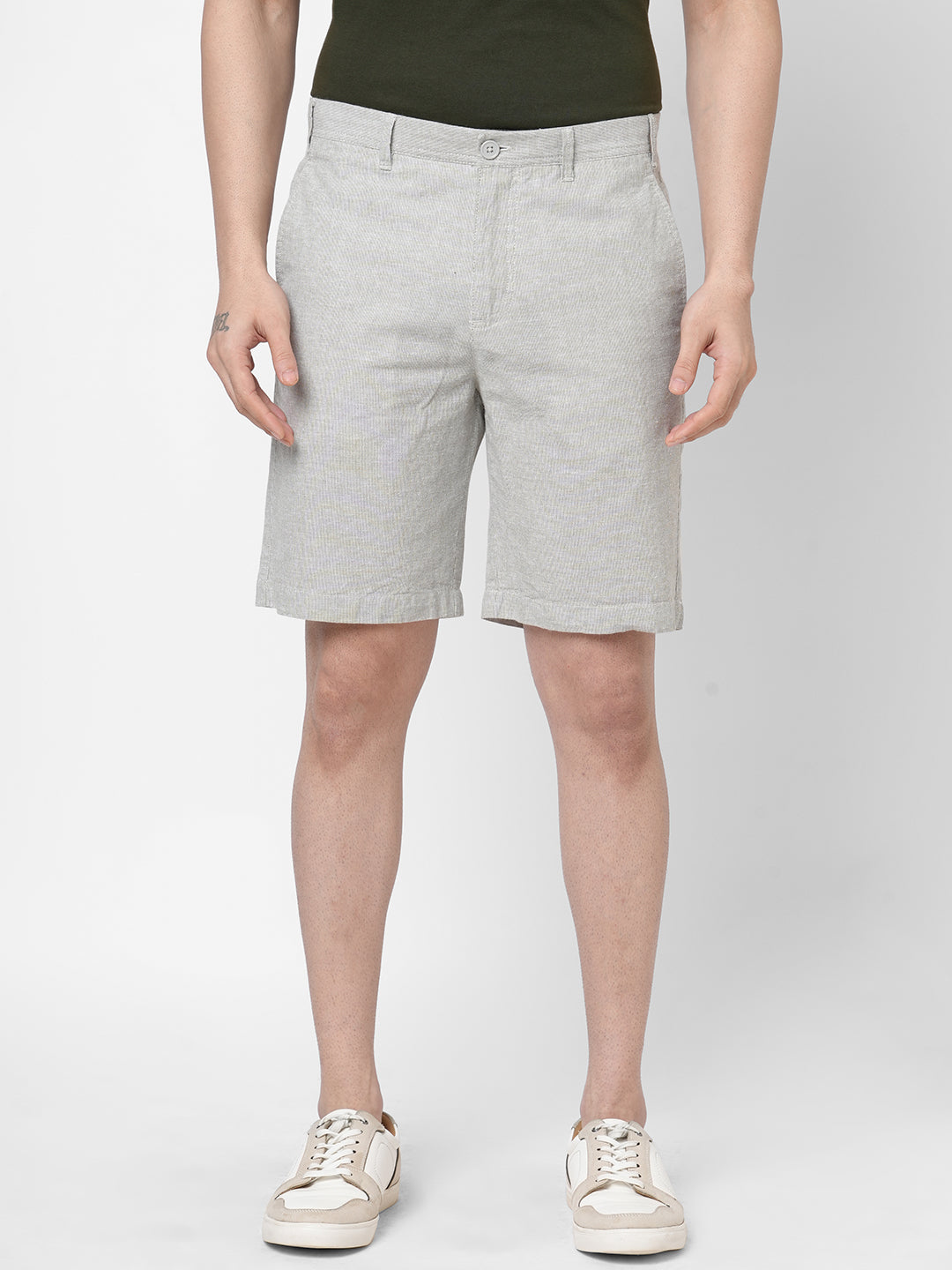 Men's Olive Cotton Linen Regular Fit Shorts