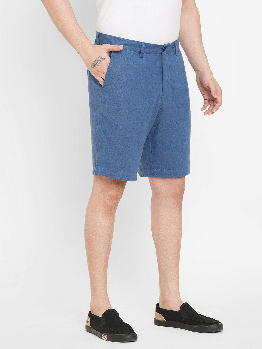 Men's Blue Linen Viscose Regular Fit Shorts