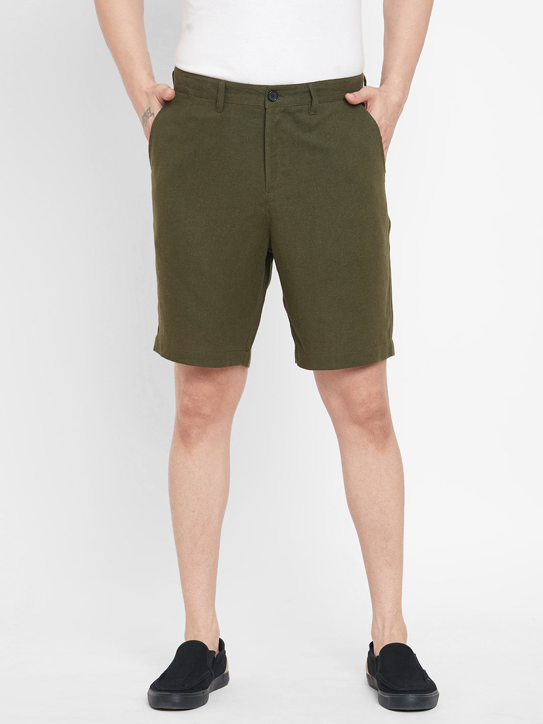 Mens Linen Viscose Olive Regular Fit Shorts