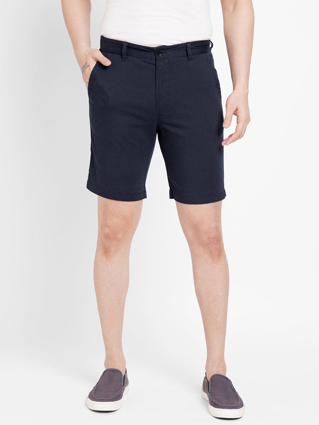 Mens Cotton Lycra Navy Regular Fit Shorts