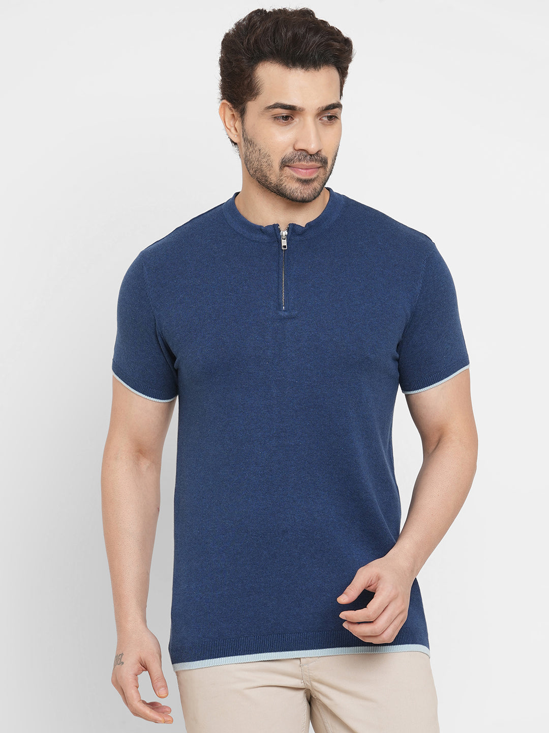 Men's Cotton Blend Navy Regular Fit Short Sleeved Tshirt