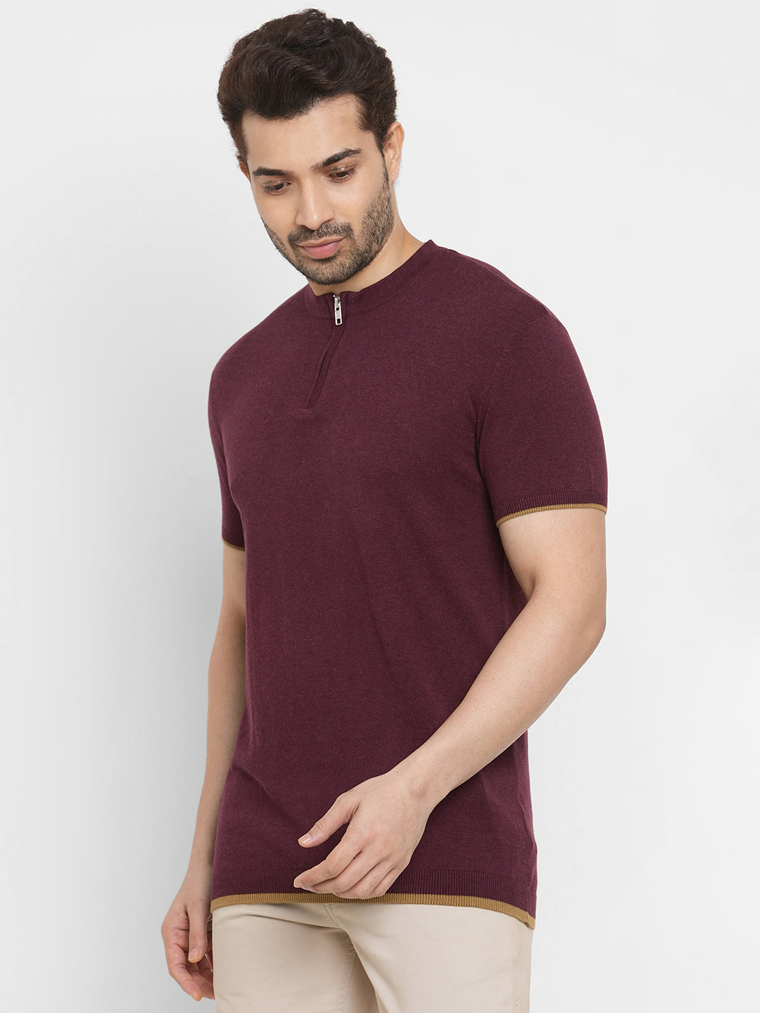 Men's Cotton Blend Fit Regular Fit Short sleeved Wine Tshirt