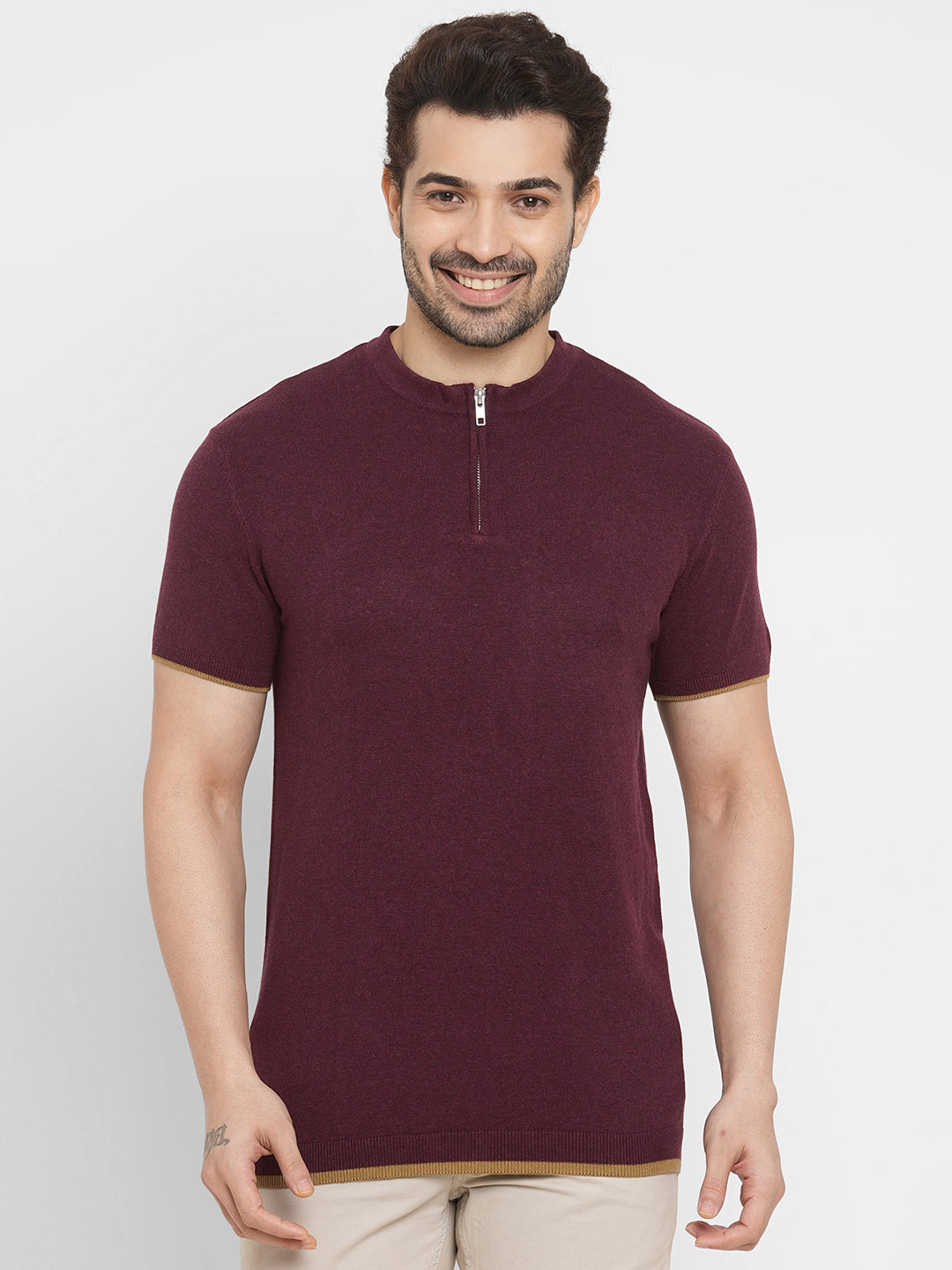 Men's Cotton Blend Fit Regular Fit Short sleeved Wine Tshirt