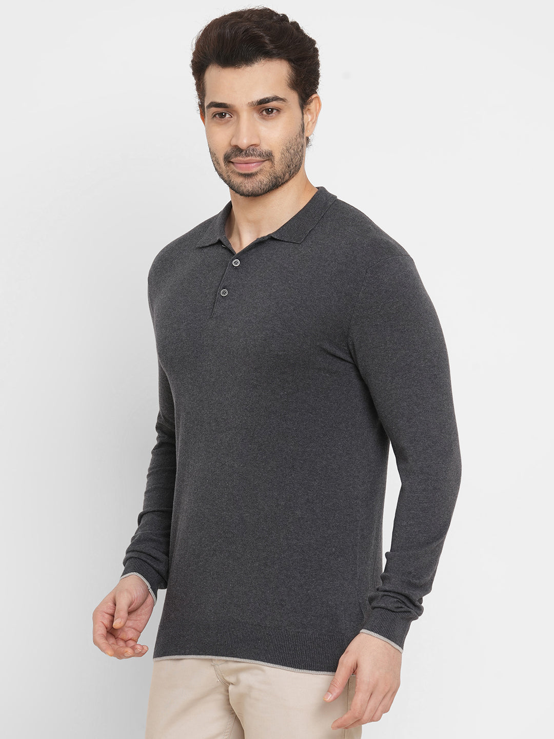 Men's Cotton Blend Charcoal Regular Fit Long Sleeved Tshirt