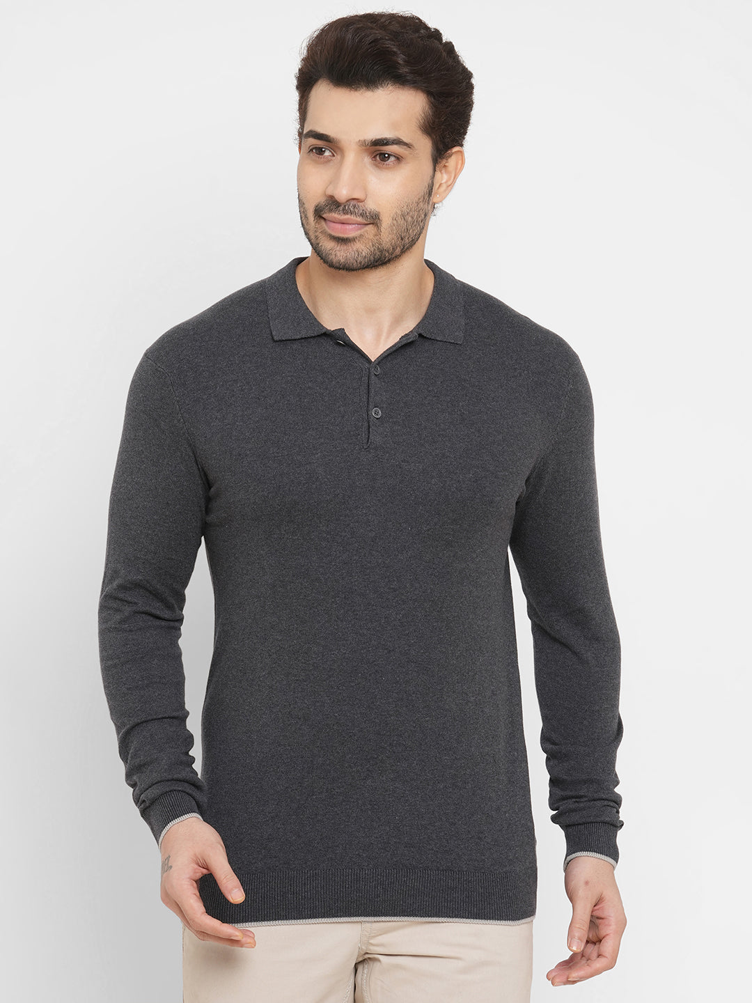 Men's Cotton Blend Charcoal Regular Fit Long Sleeved Tshirt