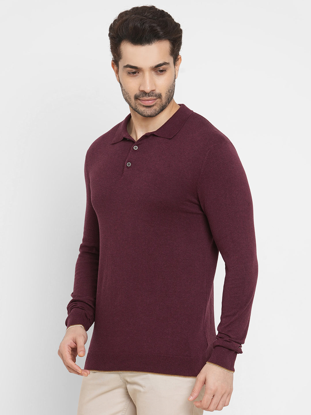 Men's Cotton Blend Wine Regular Fit Long Sleeved Tshirt