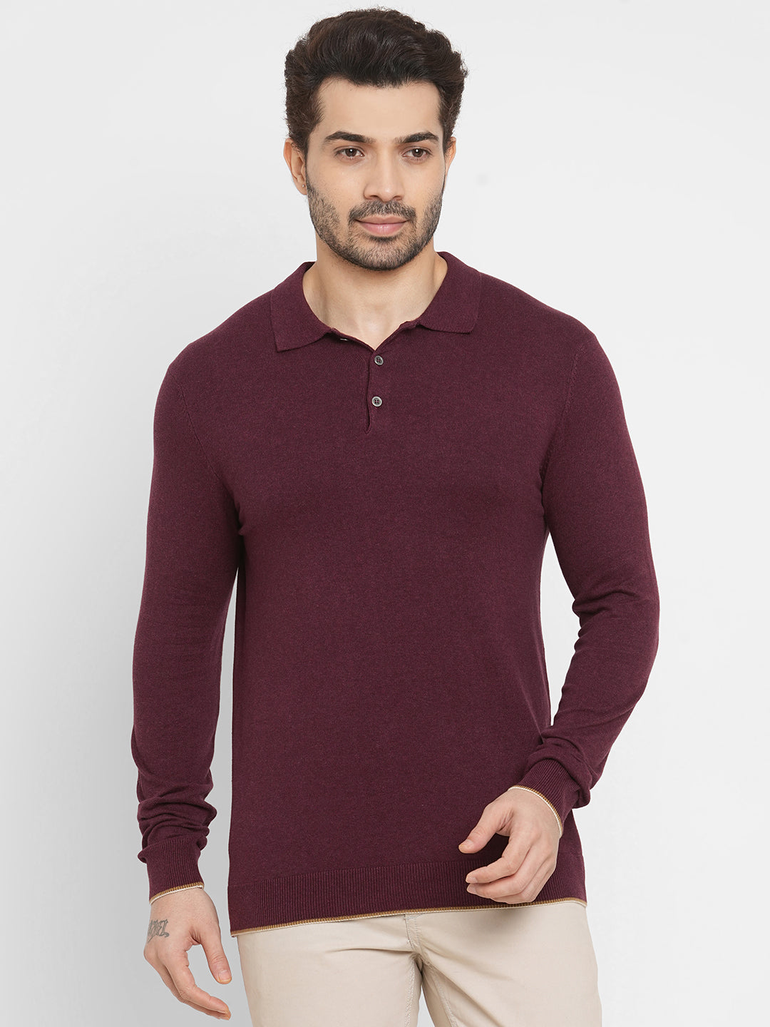 Men's Cotton Blend Wine Regular Fit Long Sleeved Tshirt