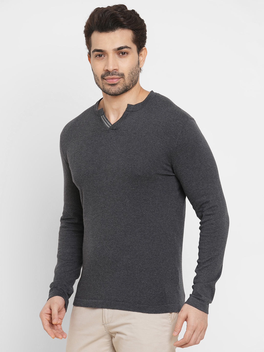 Men's Grey Cotton Blend Regular Fit long sleeved Tshirt