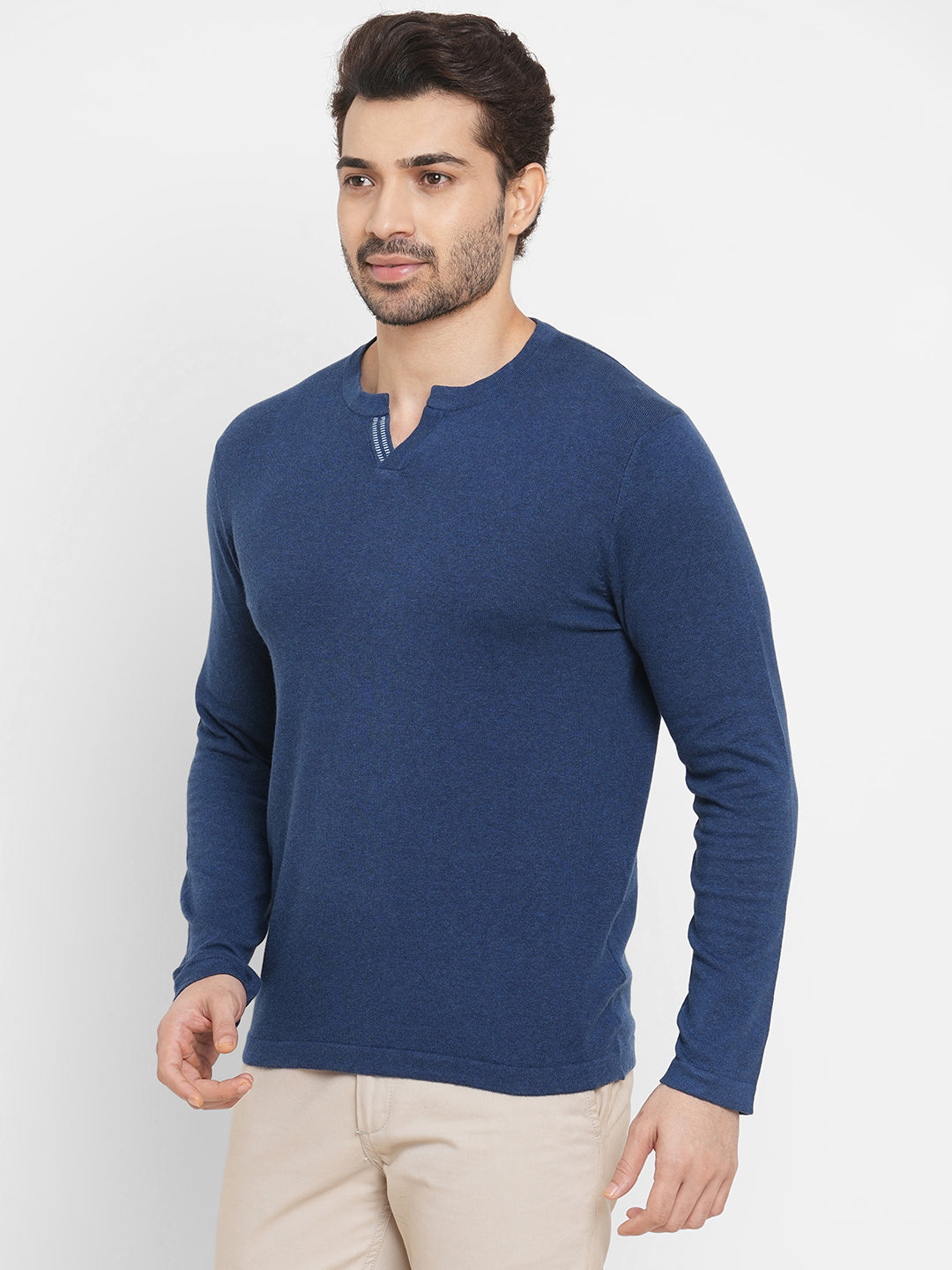 Men's Cotton Blend Navy Regular Fit long sleeved Tshirt