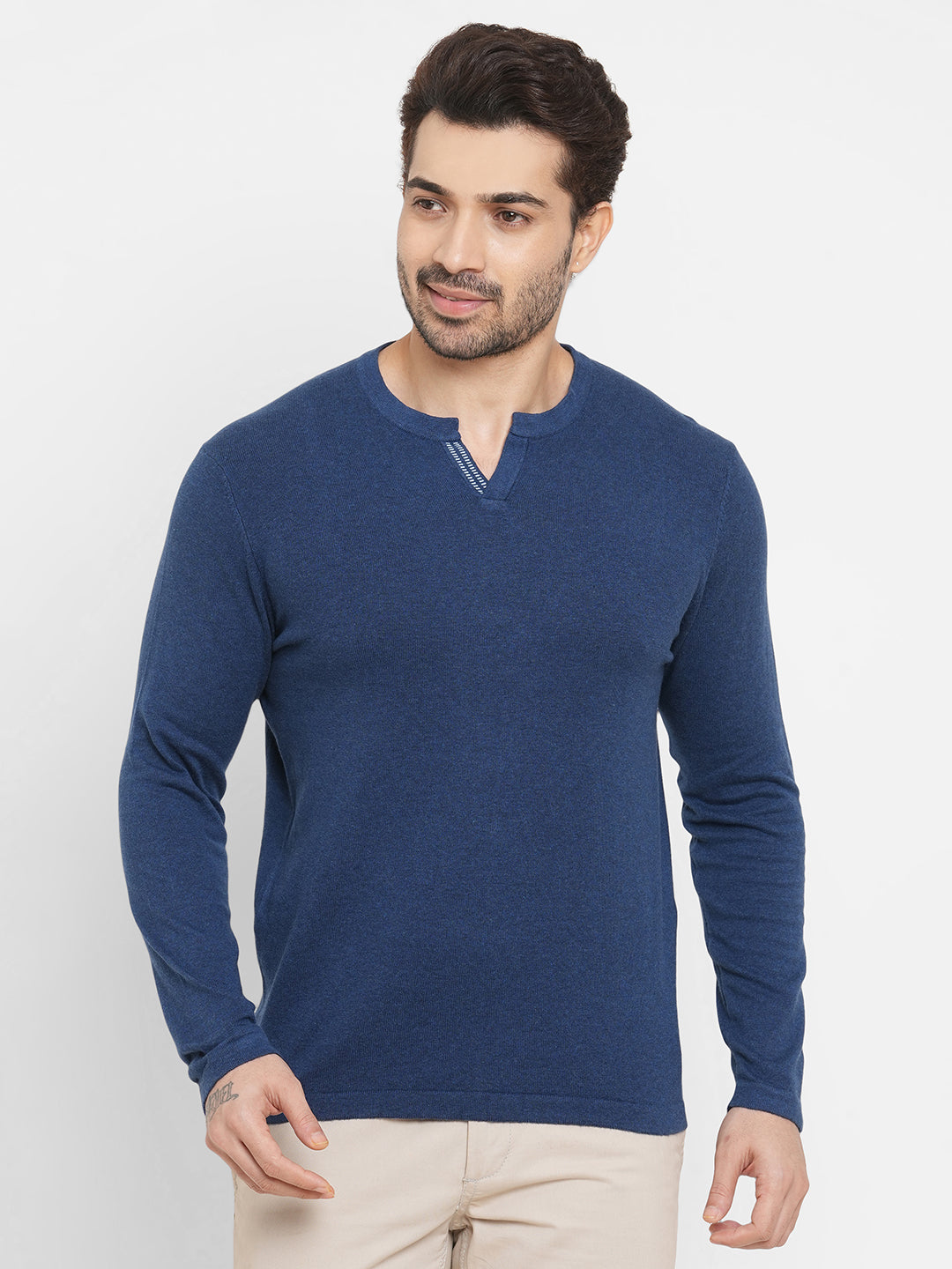 Men's Cotton Blend Navy Regular Fit long sleeved Tshirt