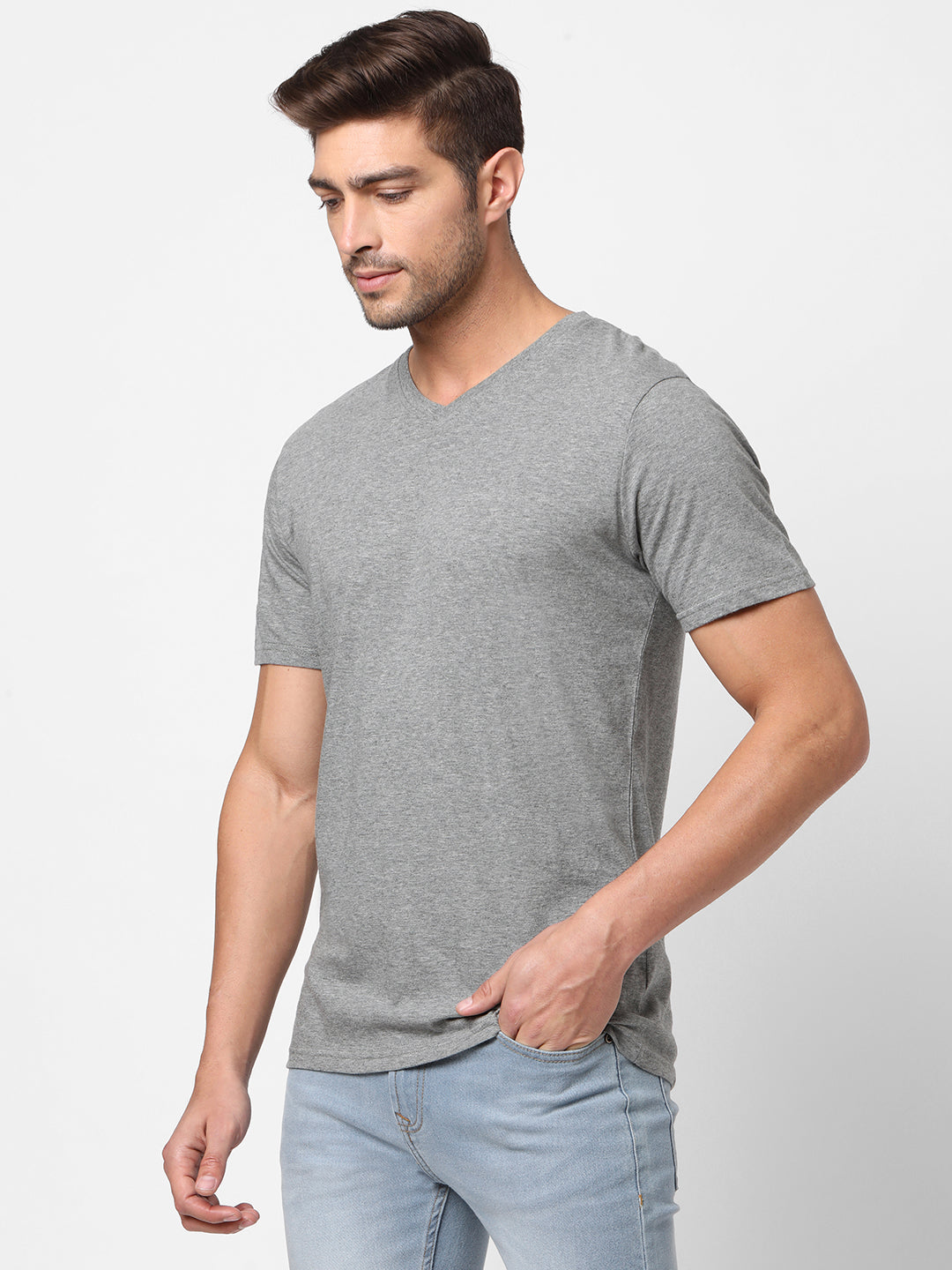 Mens 100% Cotton V Neck Light Grey Tshirt