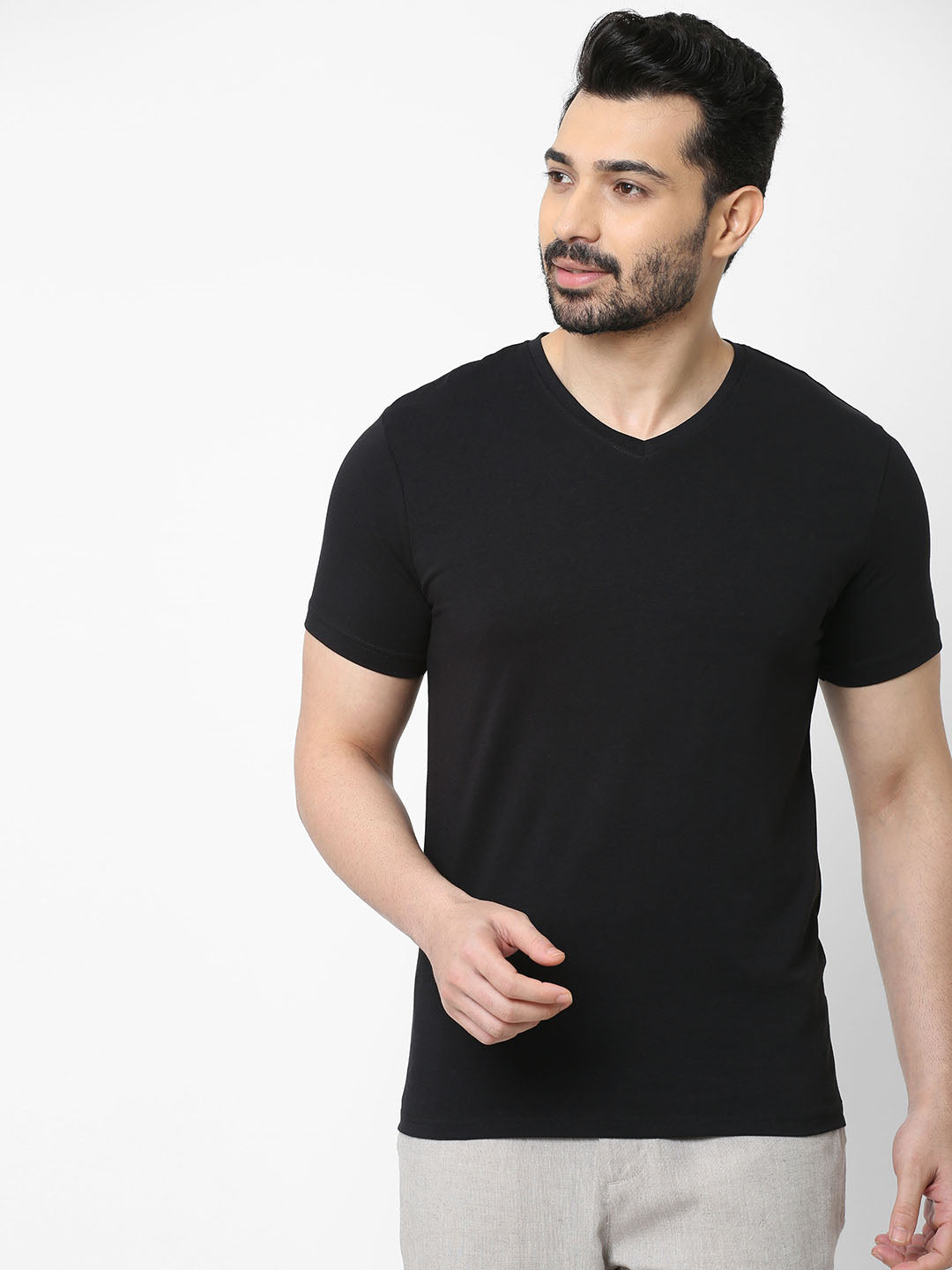 Mens V-Neck Cotton Stretch Black Regular Fit short Sleeve Tshirt