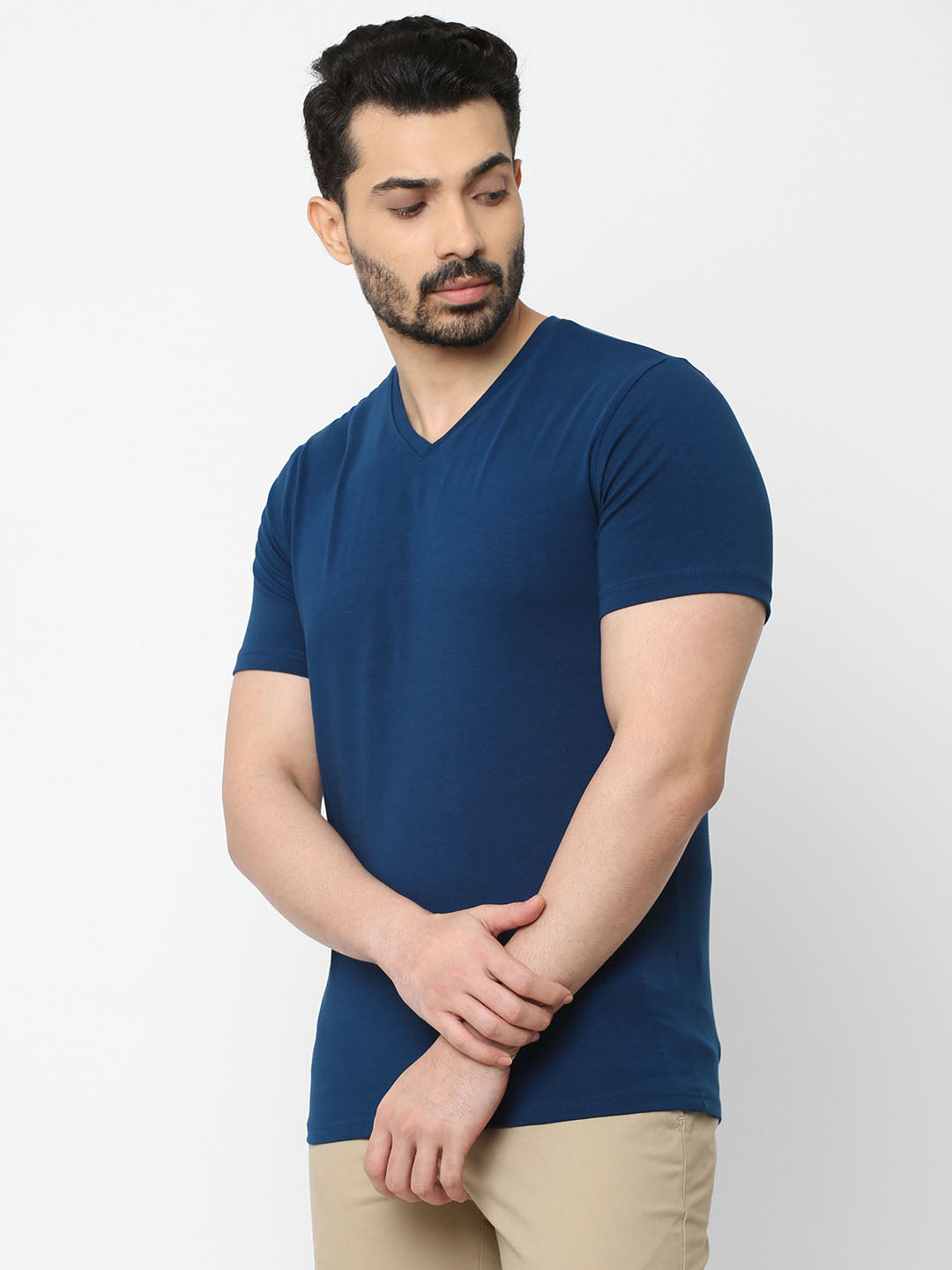 Mens V-Neck Cotton Stretch Royal Blue Regular Fit short Sleeve Tshirt