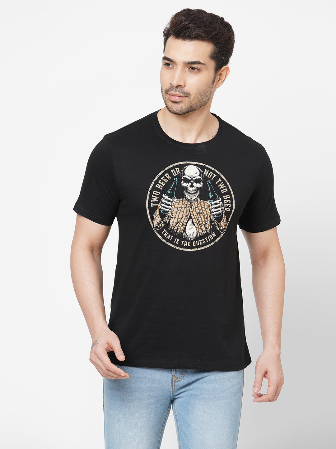Men's Black Crew Neck Printed Regular Fit Tshirt