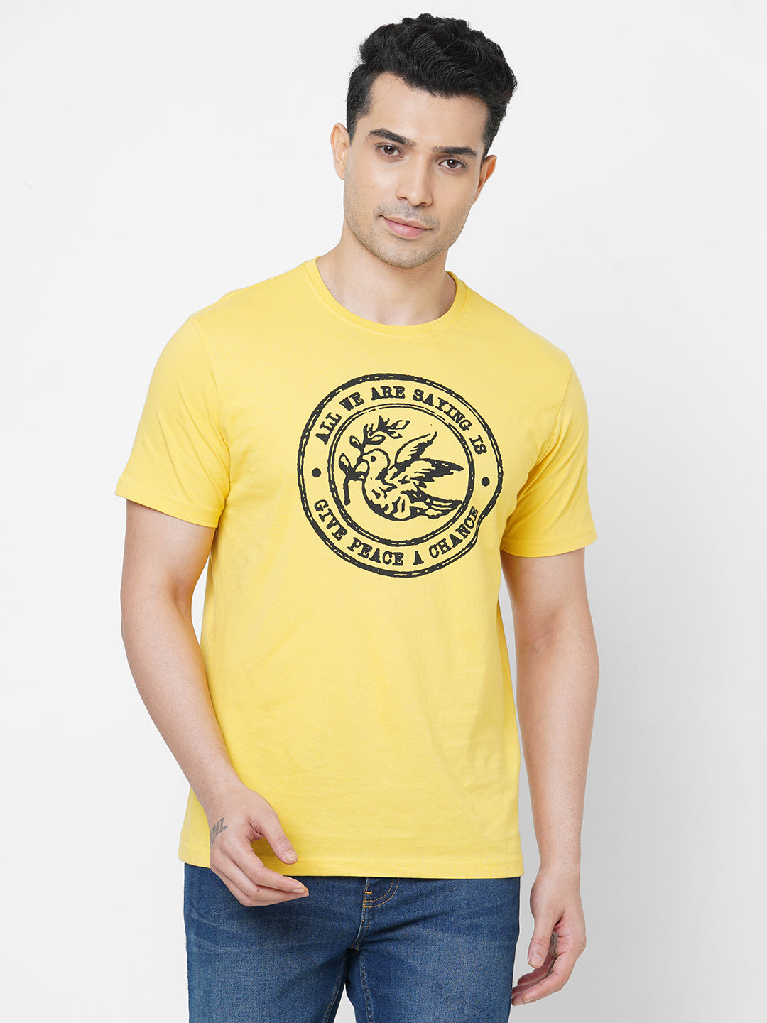 Mens Cotton Yellow Regular Fit Tshirt