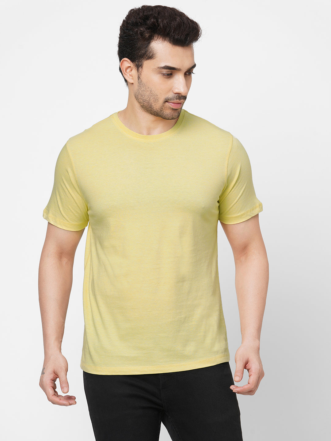 Mens Cotton Yellow Regular Fit Tshirt